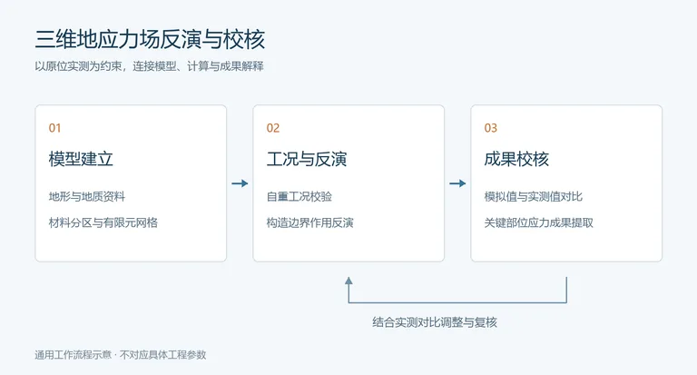 通用流程：模型建立、工况与反演、成果校核，并结合实测对比调整与复核